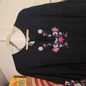 Old Navy Black Embroidered Midi Peasant Dress